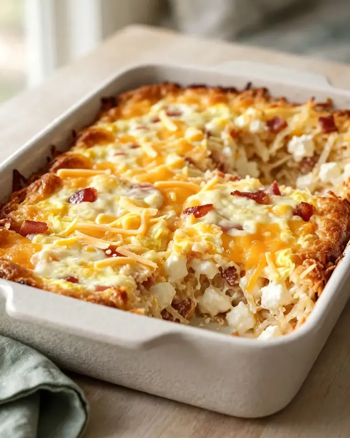 A golden, bubbling Amish bacon and hash brown breakfast casserole in a white rectangular dish.