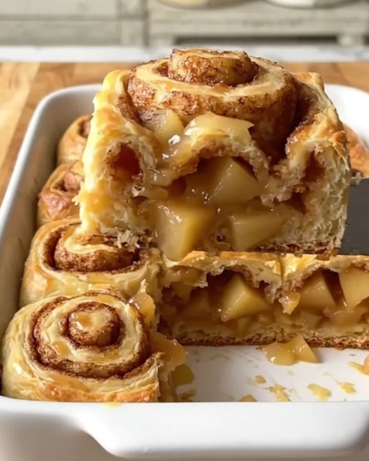 A golden, baked apple pie cinnamon roll dish in a white ceramic pan on a wooden counter.