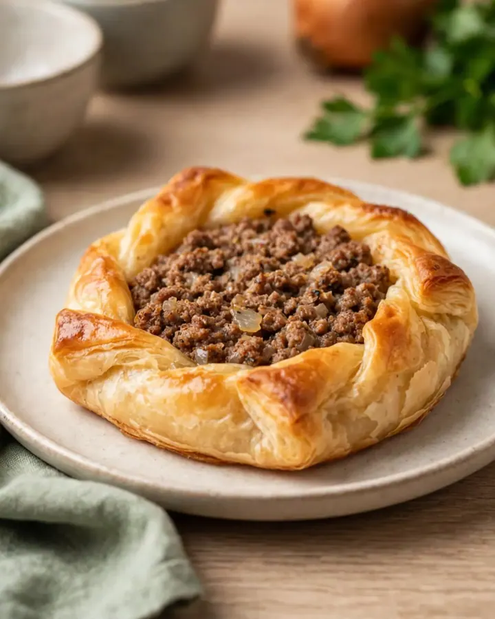 A close-up of a freshly baked Antakya Kaytaz borek showing a golden, blistered, and flaky pastry crust.