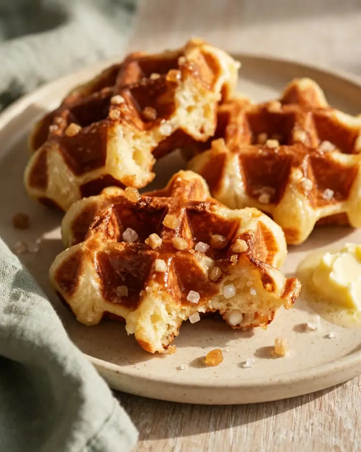 A close-up of a warm Belgian Liège waffle showing the texture of the caramelized sugar.
