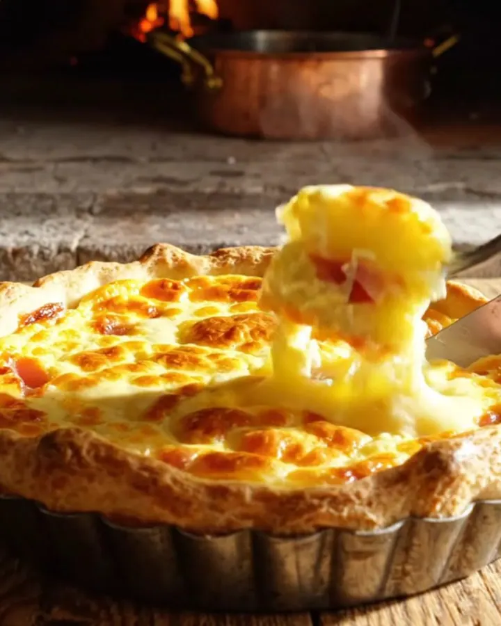 A golden-baked Quiche Lorraine with a visible, flaky crust and a rich, creamy filling, steaming on a rustic kitchen table.