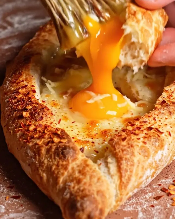 A freshly baked Turkish pide boat filled with melted kasseri cheese and a golden, runny egg yolk.