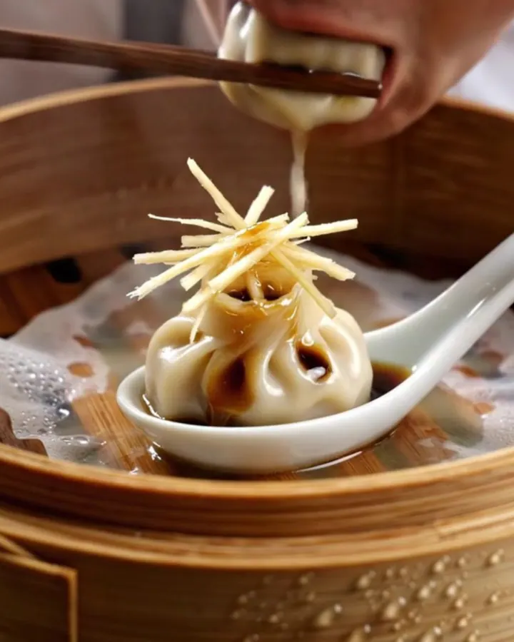 A close-up shot of a delicate 18-pleat Xiao Long Bao dumpling held by chopsticks, showing the thin, translucent skin.