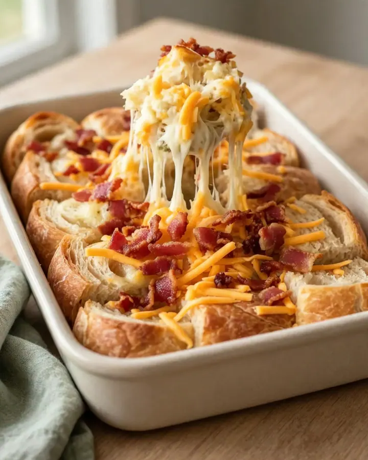 A large rectangular baker filled with golden-brown pull-apart bread topped with melted cheddar and crispy bacon.