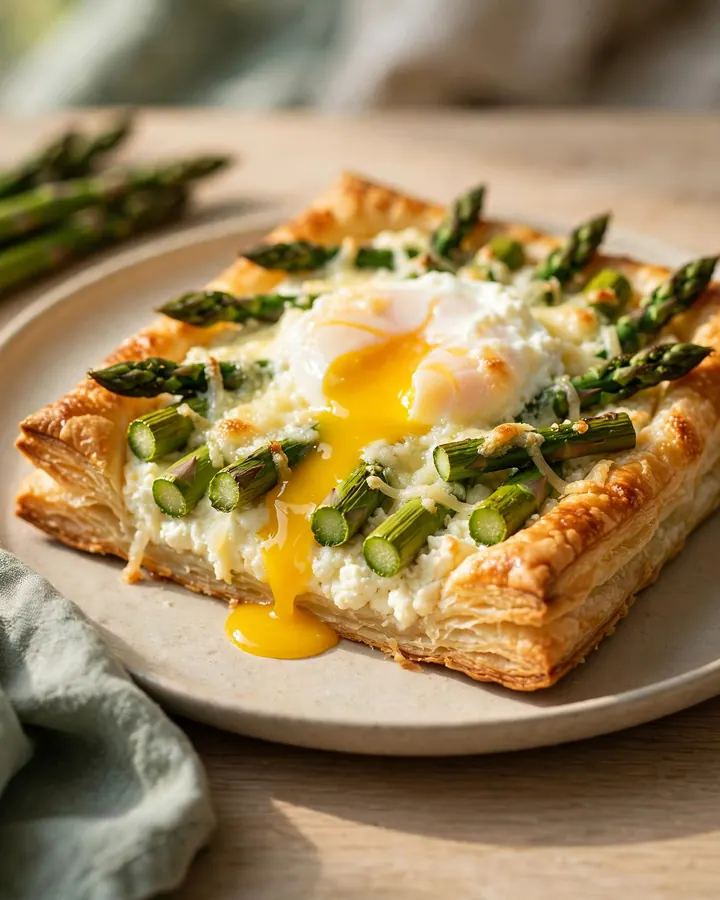A golden, flaky puff pastry tart topped with melted Gruyère, green asparagus, and two perfectly baked eggs.