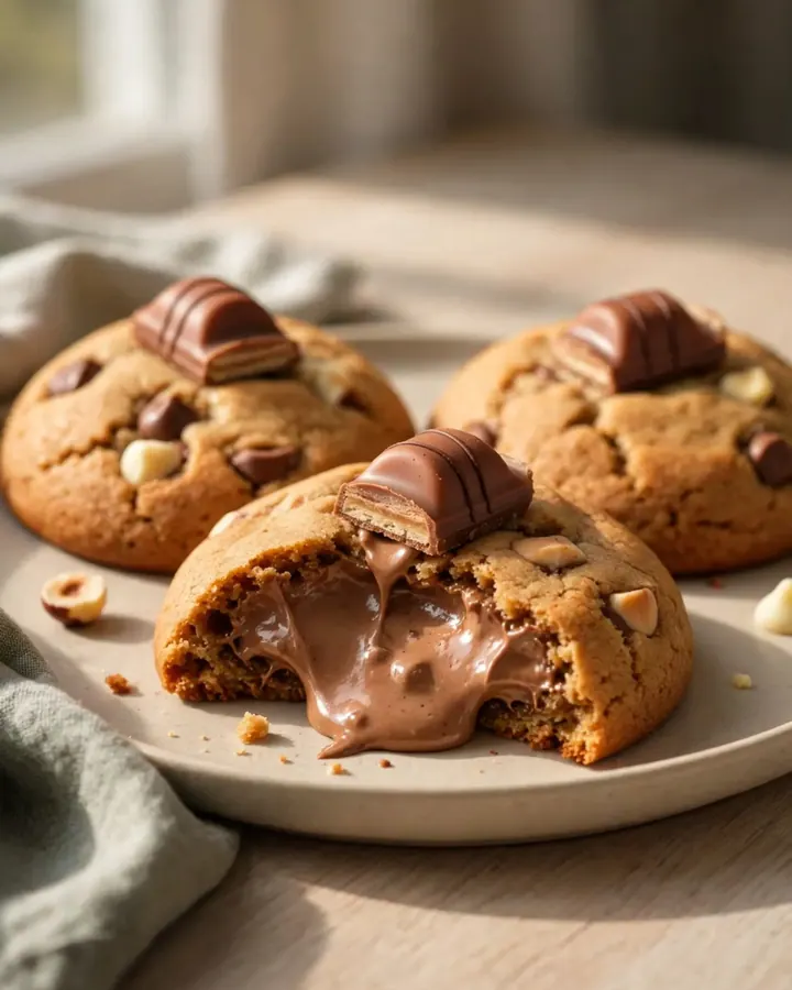 A colossal Kinder Bueno stuffed cookie broken in half, revealing a molten hazelnut cream center and crispy wafer layers.