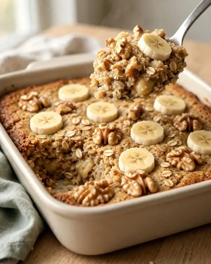 A top-down view of a rectangular baker filled with banana bread baked oatmeal on a wooden countertop.