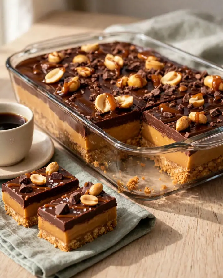 Vue en gros plan de barres chocolatées montrant trois couches distinctes sur une assiette.