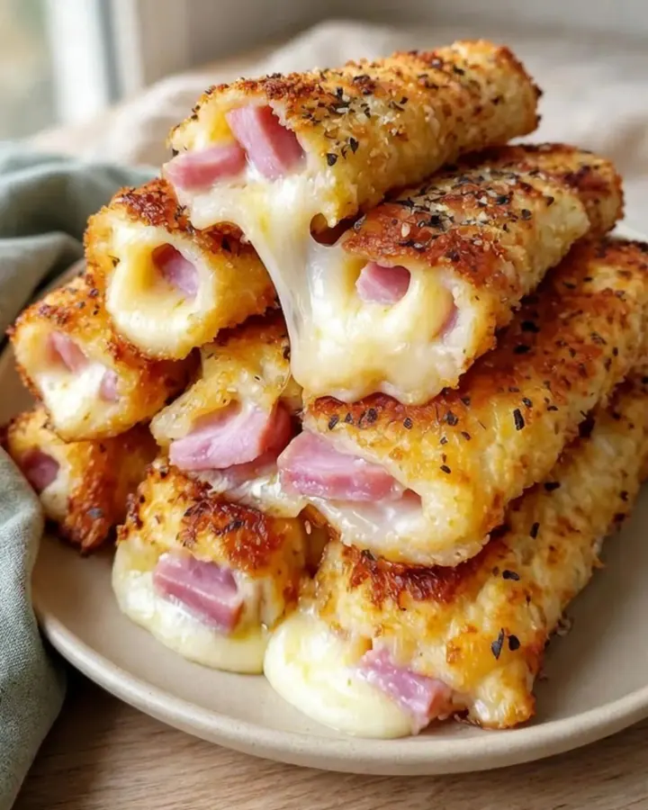 Bâtonnets de mozzarella au jambon dorés et croustillants disposés sur une assiette noire.