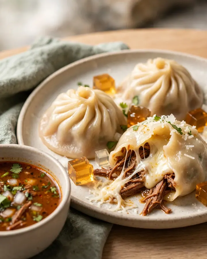 Steaming birria soup dumplings served on a porcelain spoon with a rich consommé dipping sauce in the background.