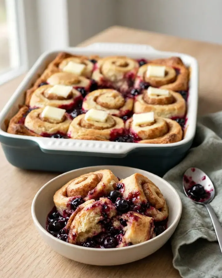 A large white ceramic dish filled with golden-brown cinnamon roll pieces and bubbling blueberry filling.