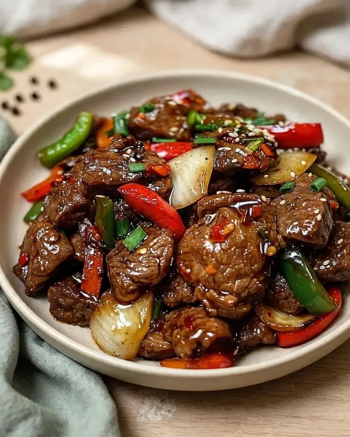 Bœuf au poivre noir sauté dans un wok avec des poivrons colorés et des graines de sésame.
