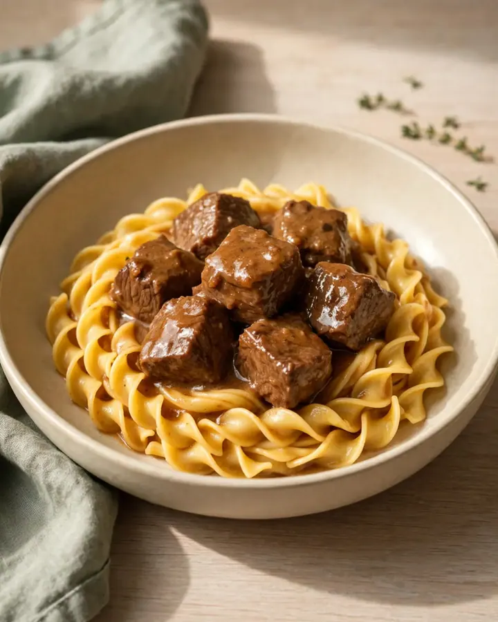 Gros plan sur un morceau de bœuf fondant nappé de sauce brune sur des nouilles aux œufs.