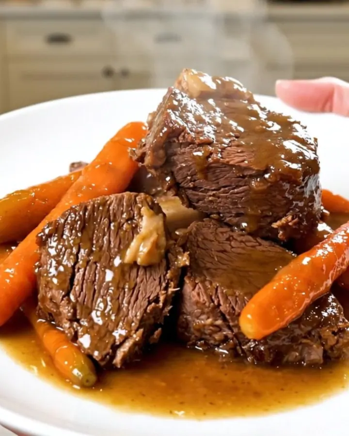 Vue de dessus d’une mijoteuse remplie de bœuf, de carottes et d’oignons en train de cuire.
