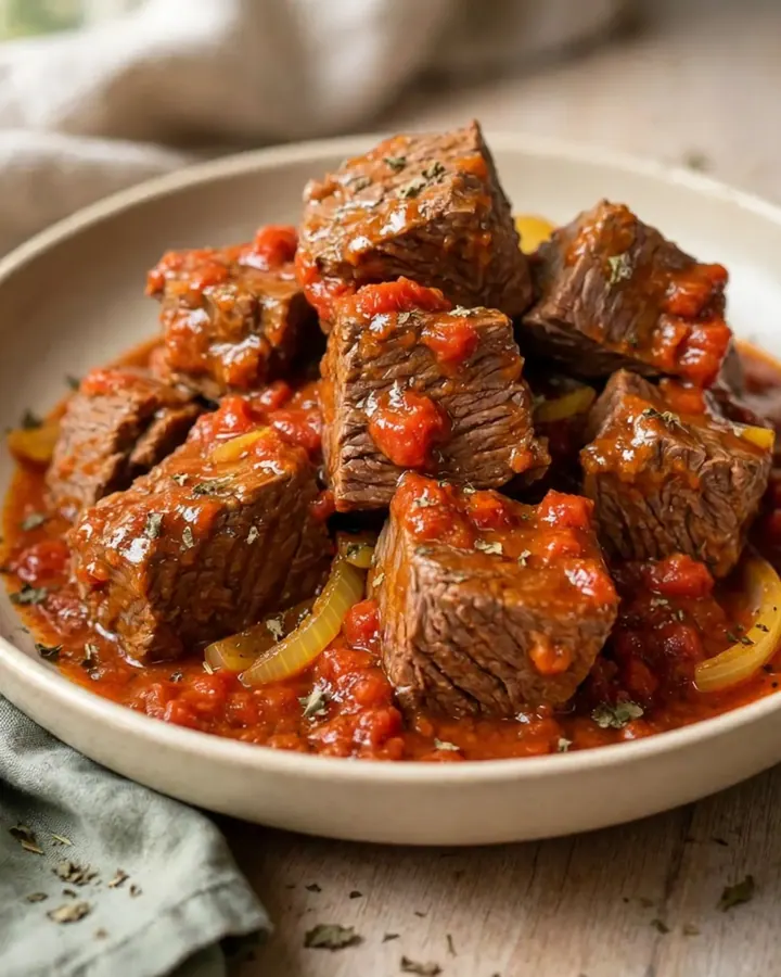 Bœuf mijoté fondant dans une sauce tomate riche avec des feuilles de basilic frais sur une assiette blanche.