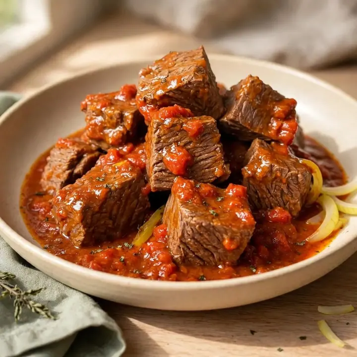 Bœuf mijoté au coulis de tomates rôties et basilic
