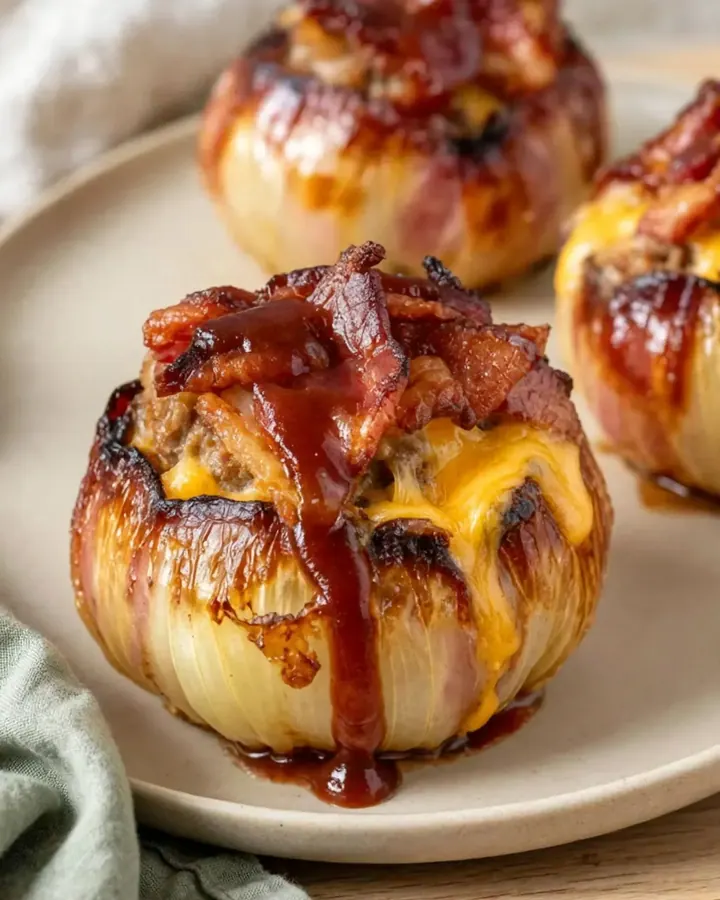 Bombes d’oignon rôties au bacon et cheddar coulant nappées de sauce barbecue brillante