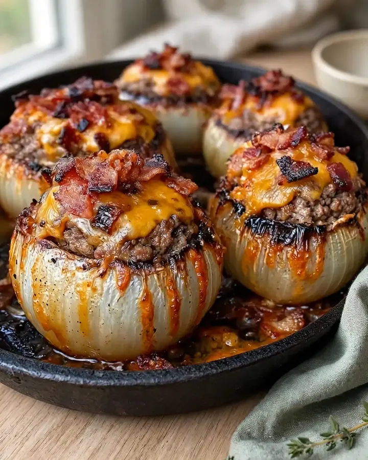 Bombes d’oignons dorées au four, garnies de bœuf haché, bacon croustillant et cheddar fondant.