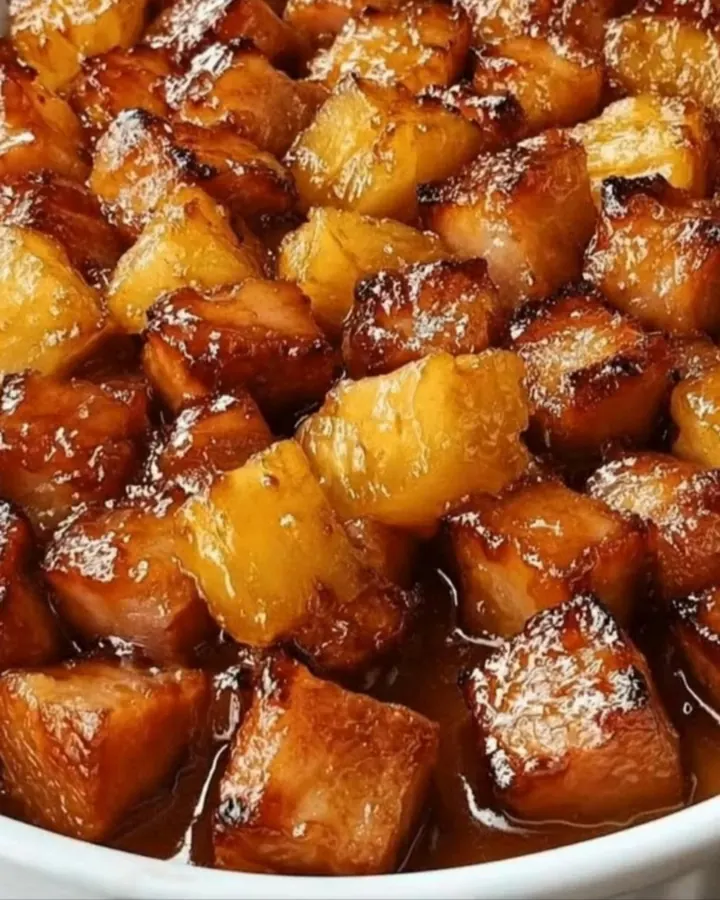 Bouchées de jambon et ananas caramélisées, luisantes sous une lumière chaude et dorée.