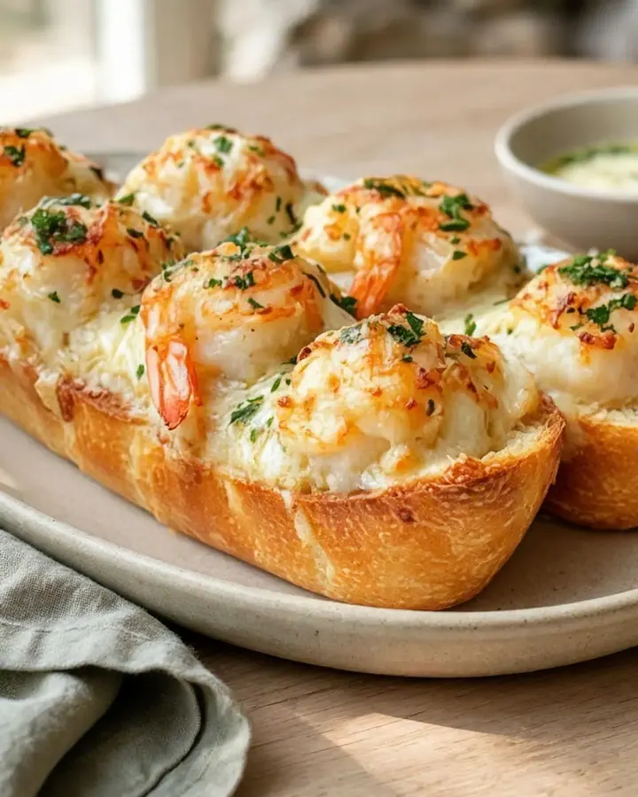 Bouchées de pain à l’ail garnies de crevettes, crabe et fromage fondu, joliment présentées sur un plateau en bois.
