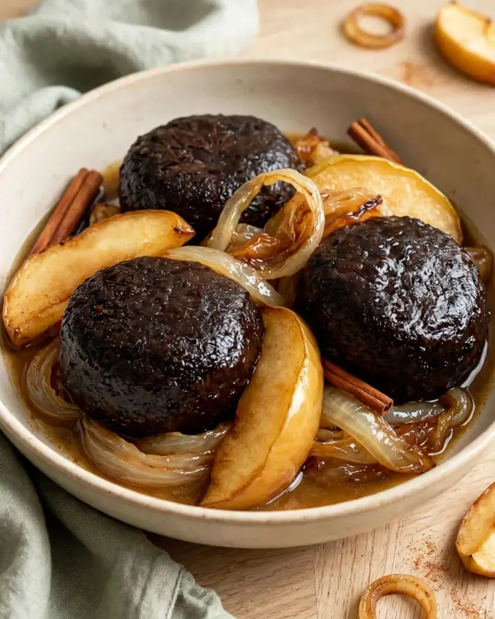 Boudin noir mijoté accompagné d’oignons caramélisés et de pommes dans une assiette blanche.