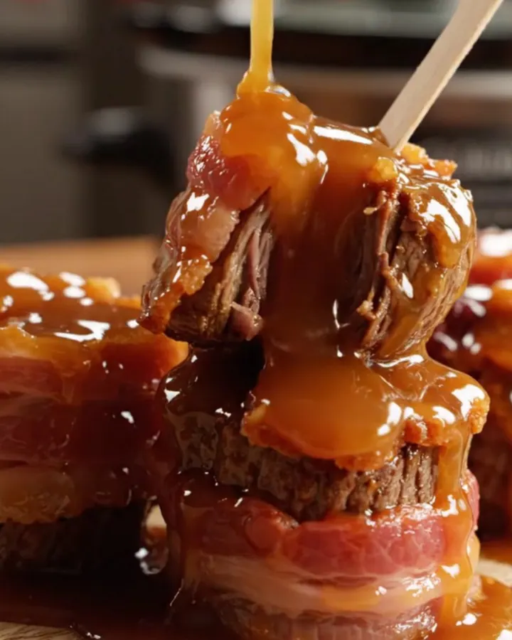 A close-up of bacon-wrapped steak bites glazed in a rich, shiny bourbon sauce on a dark platter.
