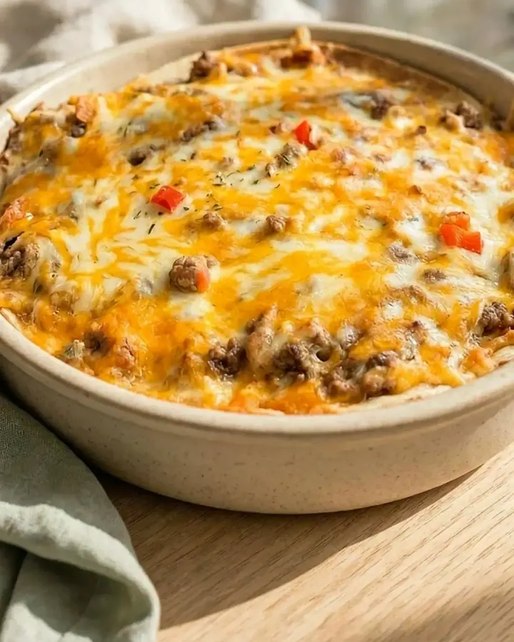 Une part de burrito pie avec un fromage fondant et fumant dans un plat en terre cuite.