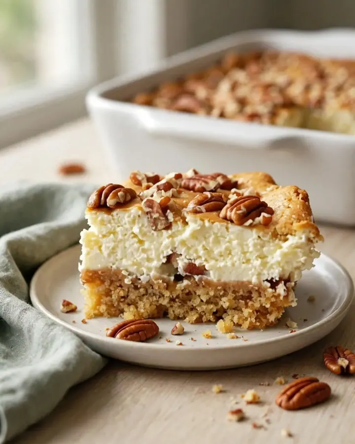 A golden-brown Butter Pecan Gooey Butter Cake in a white rectangular ceramic dish, topped with toasted pecans.