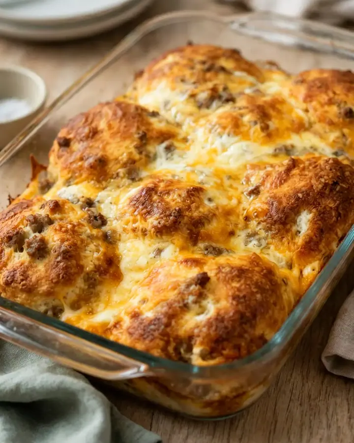 Vue rapprochée d’une part de casserole de biscuits dorée avec du fromage fondant qui s’étire.