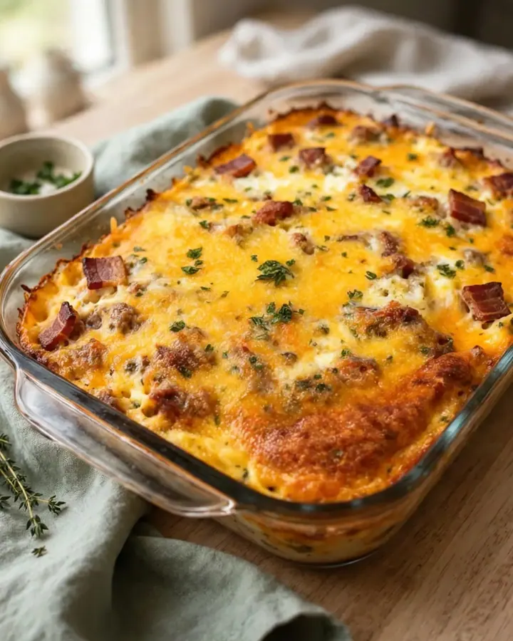 Une casserole de petit-déjeuner dorée et fondante dans un plat en verre avec du fromage fondu.