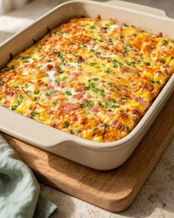 Une casserole de petit-déjeuner dorée avec des œufs, du jambon et du fromage fondu dans un plat bleu.