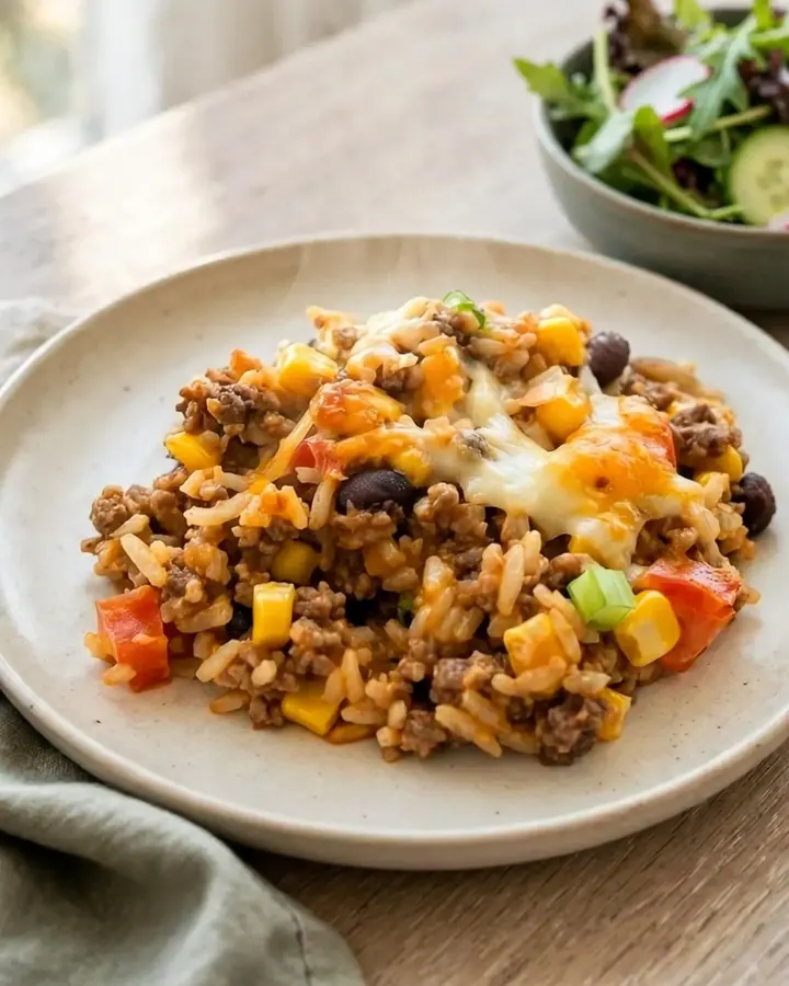 Une louche soulève une portion généreuse de riz mexicain fumant avec un fromage fondant et filant.