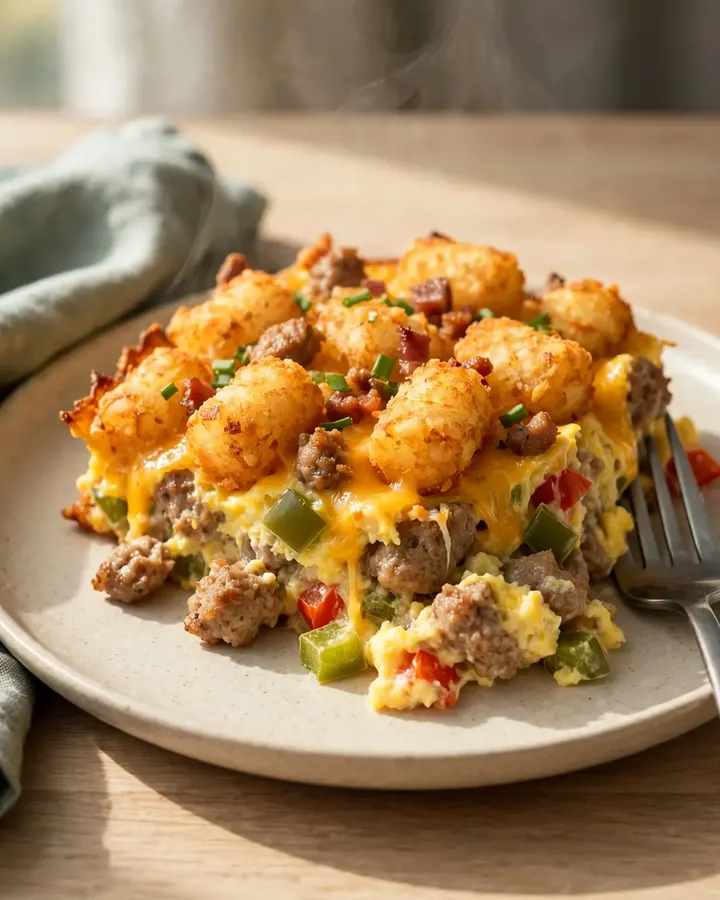Une part généreuse de casserole de tater tots croustillants avec du fromage fondant.