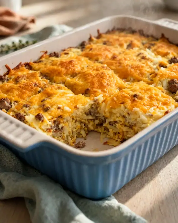 Casserole de petit-déjeuner dorée avec une portion servie montrant un fromage fondant.