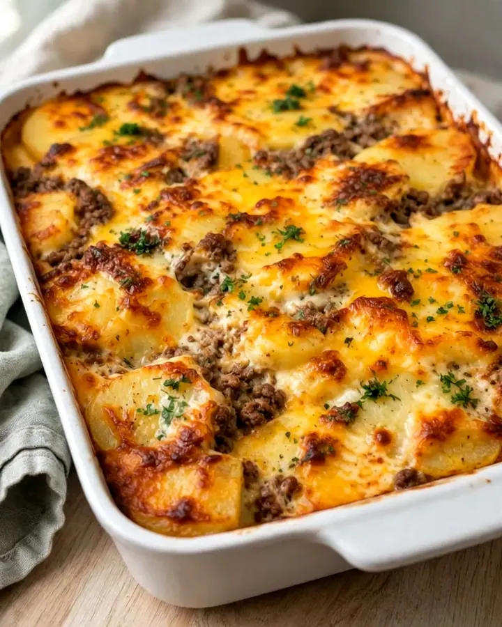 Vue rapprochée d’une casserole de bœuf haché et pommes de terre avec un fromage cheddar gratiné et bouillonnant.