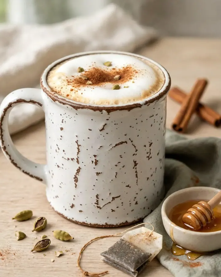 Un chai latte chaud et onctueux dans un mug rustique, avec de la mousse et de la cannelle.