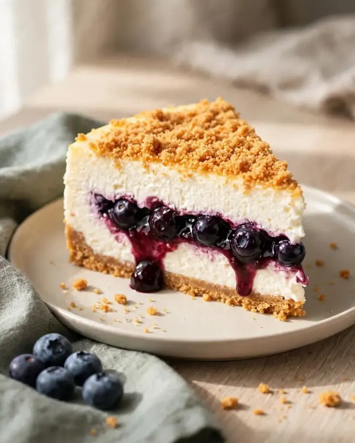 Une part de cheesecake aux myrtilles sans cuisson sur une assiette avec coulis pourpre.