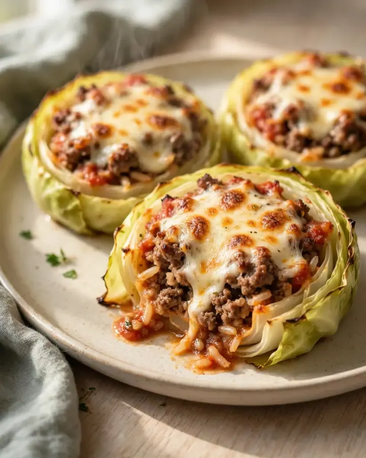 A close-up of freshly baked cheesy beef-stuffed cabbage rings on a baking sheet with steam rising.