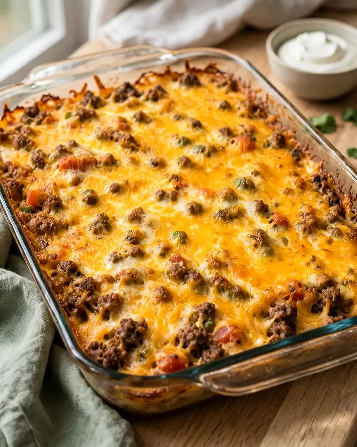 A golden-brown cheesy taco casserole in a glass baking dish sitting on a kitchen counter.