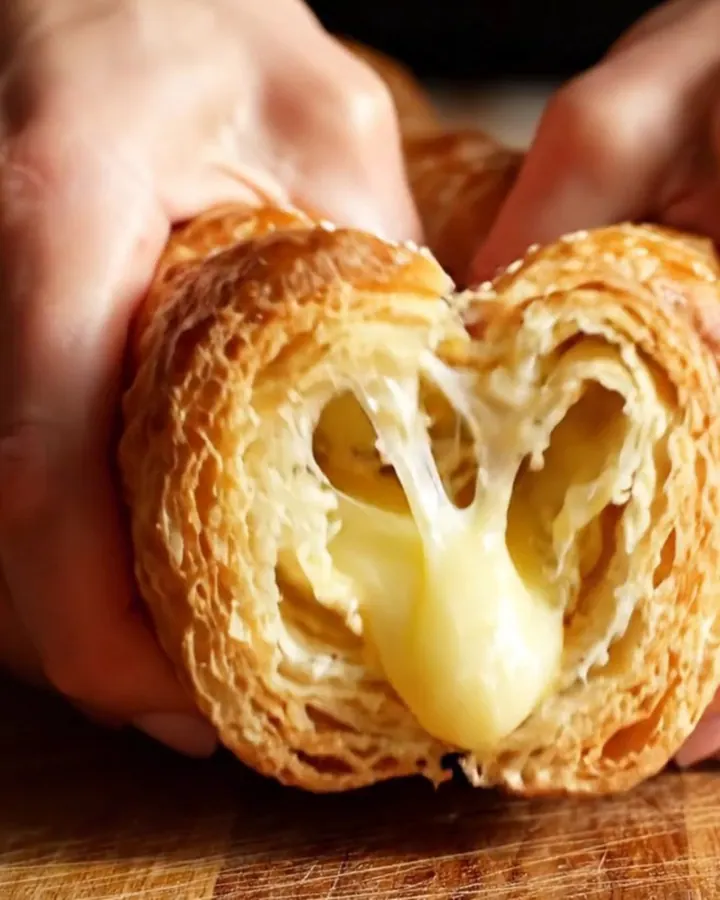 A golden brown, braided puff pastry log filled with creamy spinach and artichoke, sitting on a rustic kitchen board.
