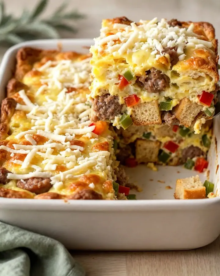 A golden-baked Christmas morning strata in a ceramic dish, featuring sausage, peppers, and melted mozzarella.
