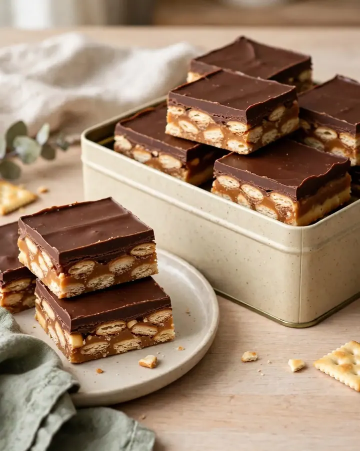 A top-down view of Christmas saltine toffee bars in a white ceramic baking dish, showcasing a golden cracker base.