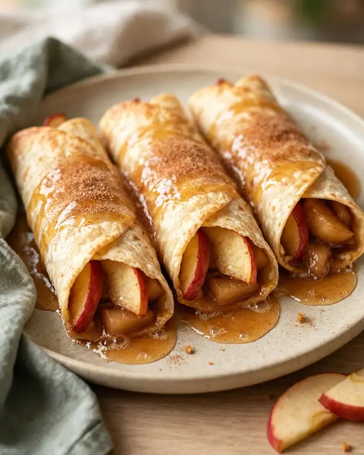 A top-down view of cinnamon apple pie enchiladas in a white baking dish, showing golden brown rolls and bubbling syrup.