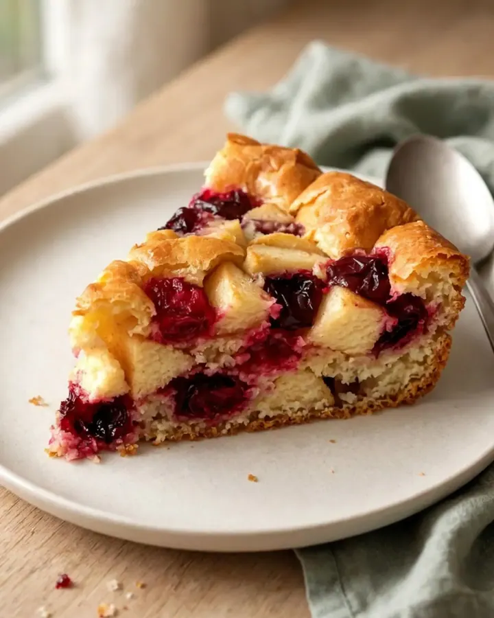 Clafoutis aux pommes et cerises amarena dans une mijoteuse avec une texture fondante.