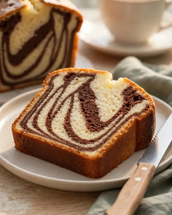 A thick, plush slice of marble loaf cake with a visible black-and-white zebra swirl being cut on a marble surface.