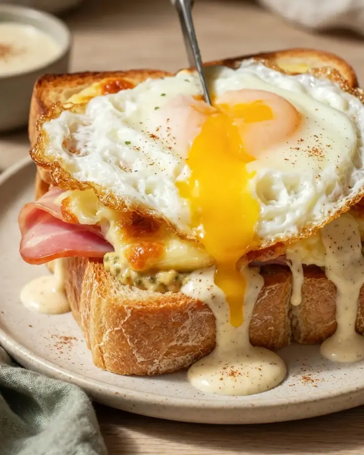 A golden-broiled Croque Madame topped with a sunny-side up egg on a marble bistro table.