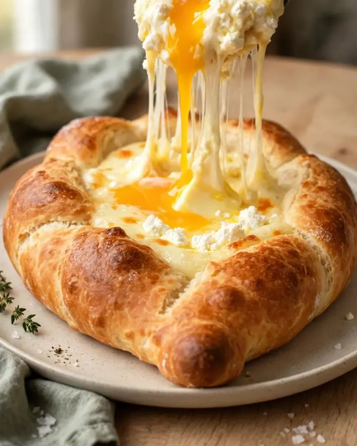 A golden-brown Georgian cheese bread boat filled with molten mozzarella and feta cheese, topped with a raw
