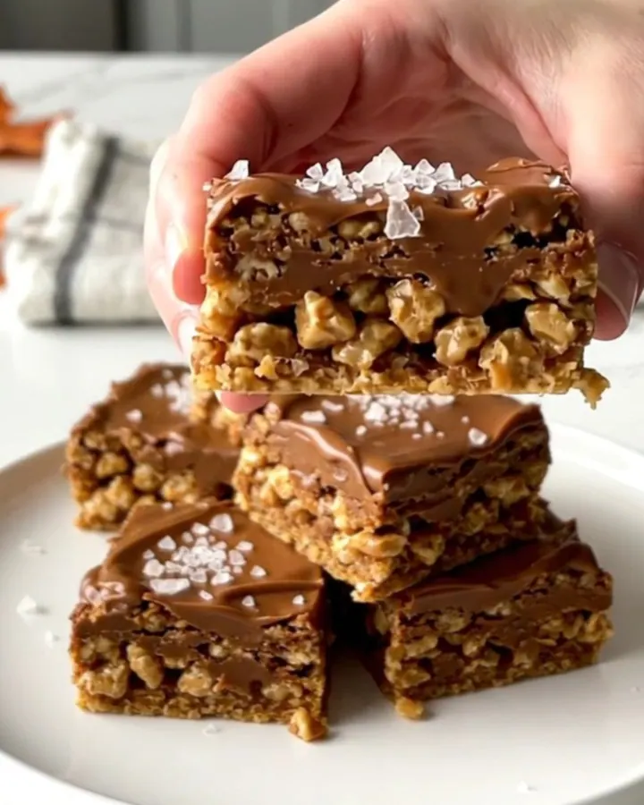 A close-up of a thick, layered Scotcheroo bar with a peanut butter base and a smooth chocolate-butterscotch top.
