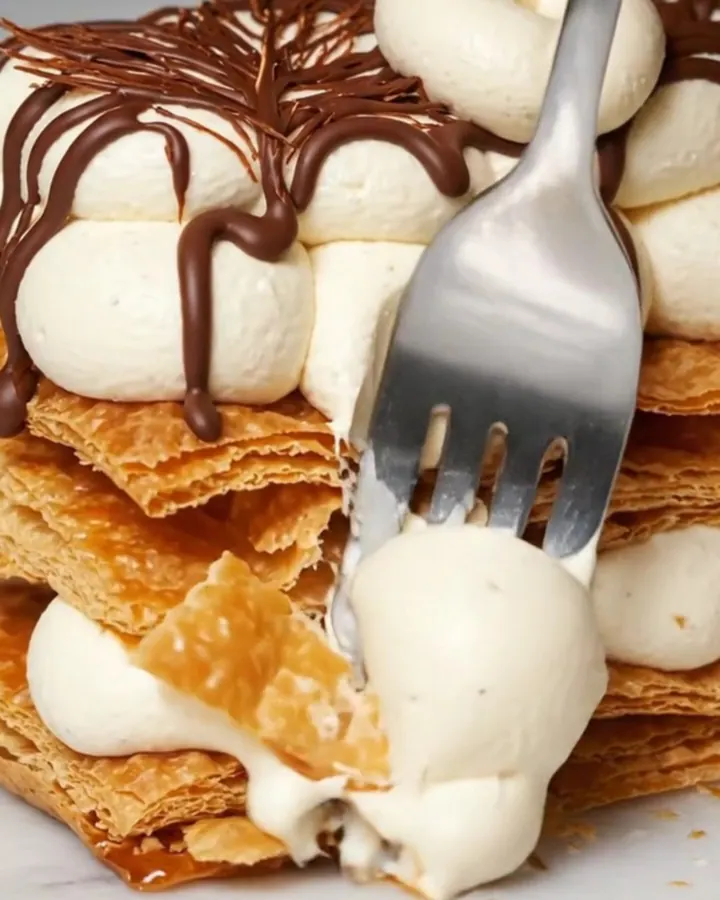 A three-tier Napoleon Mille-Feuille showing layers of crisp puff pastry and vanilla bean cream.