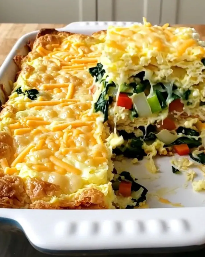 A freshly baked cottage cheese veggie egg bake in a white ceramic dish, featuring colorful peppers, spinach